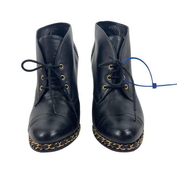 Chanel CC Logo Wedge Ankle Boots Gold Chain Black Size 39.5 - Picture 3 of 12